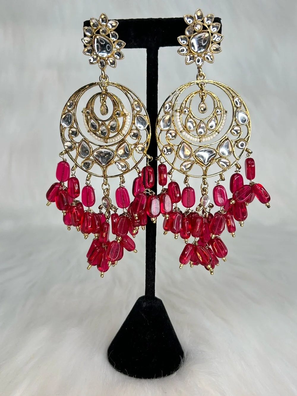 Hot Pink Gold Chandelier Lightweight Long Earrings